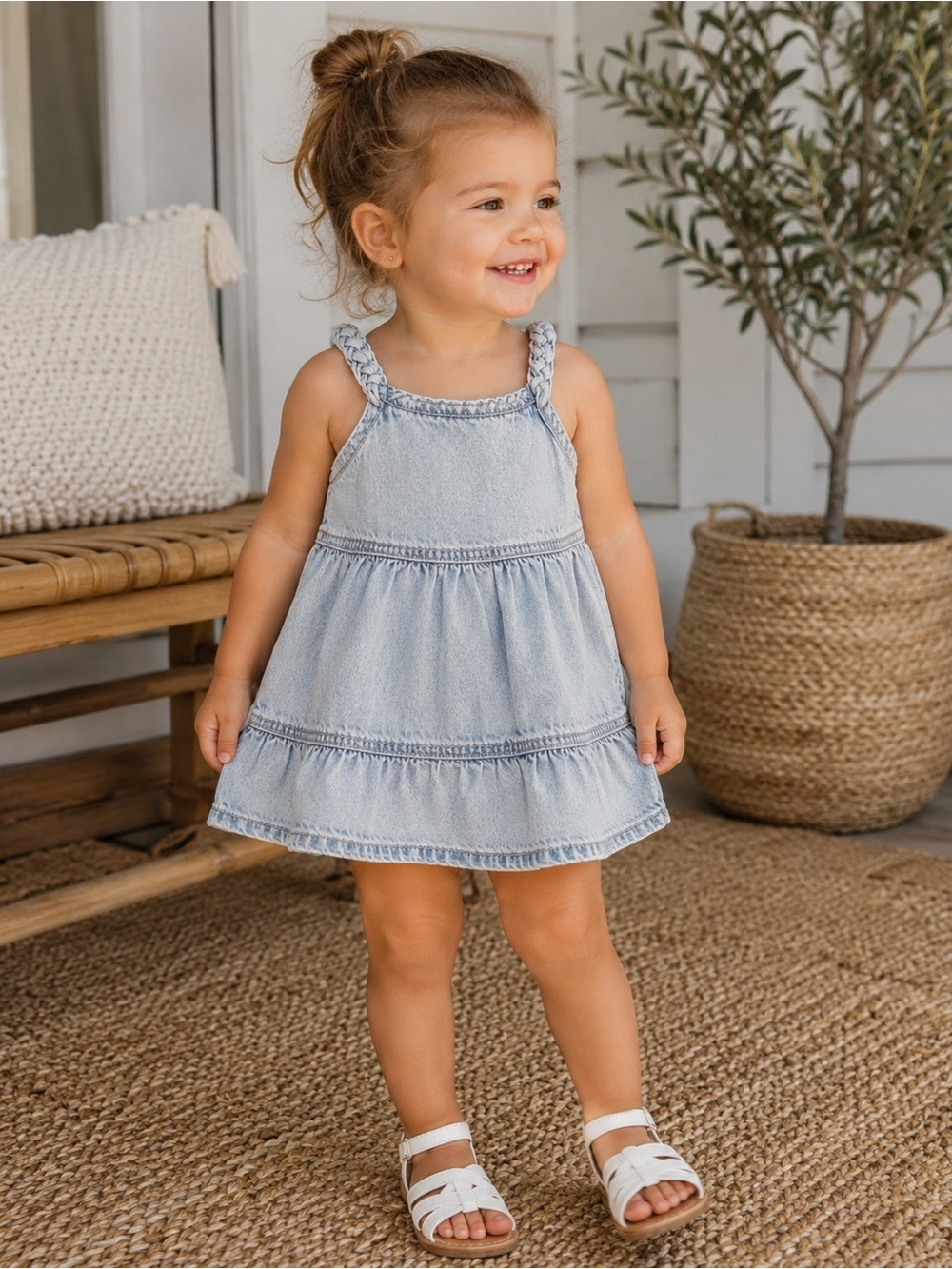 Joe’s Jeans Toddler Cotton Braided Straps Tiered Denim Dress Bleach Wash 24M NWT